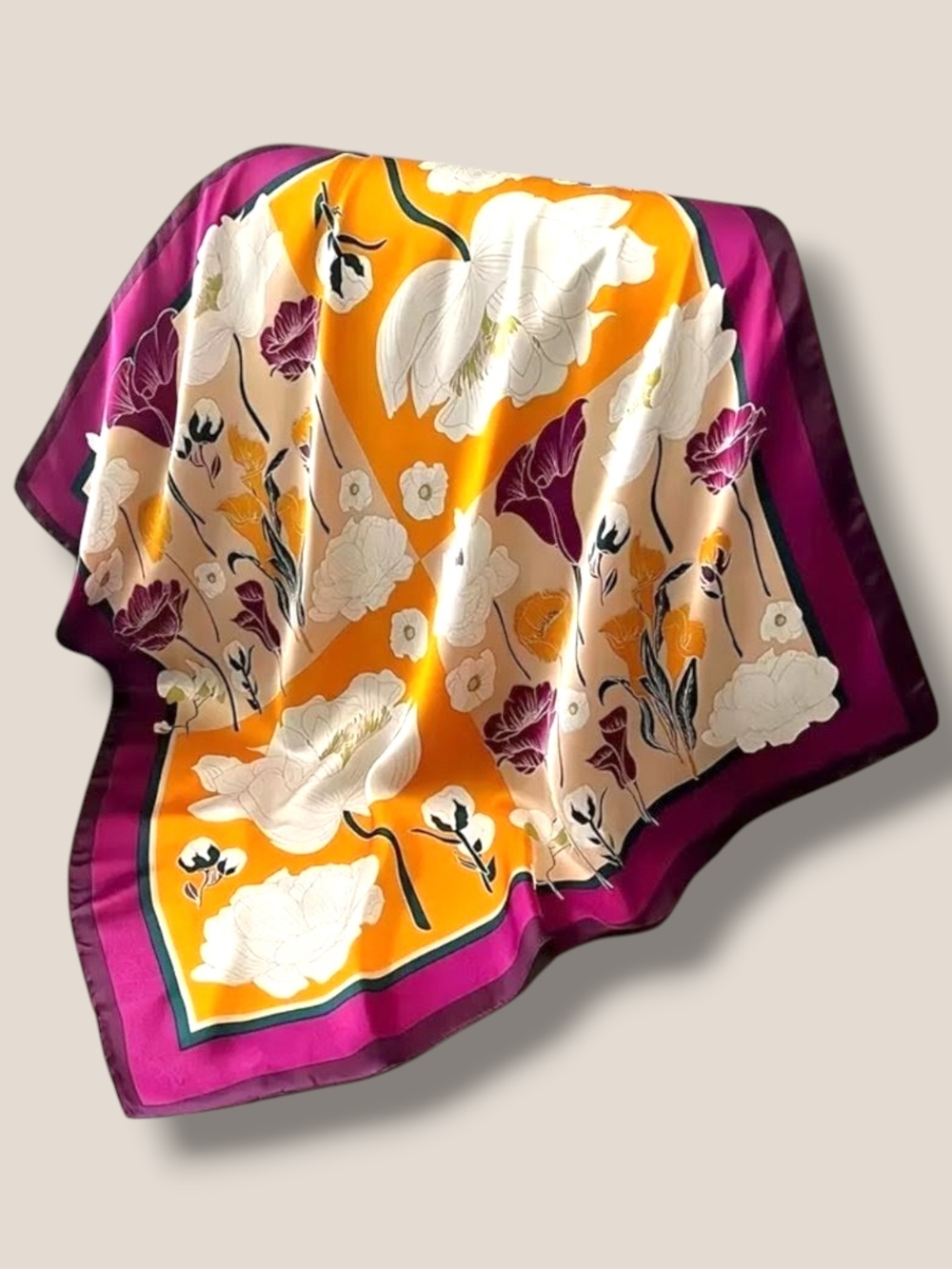 💜 "Orange Sky" Purple, Orange And White Floral Square Scarf - Picture 6 of 6